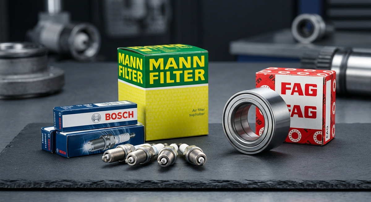 Набор оригинальных немецких автокомпонентов Mann-Filter, Bosch и FAG, разложенных на темной рабочей поверхности.